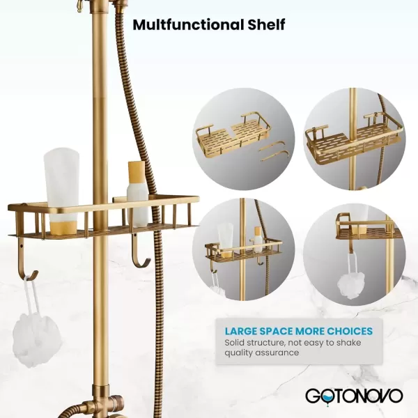 imagegotonovo 8 inch Rainfall Shower Set Wall Mounted Exposed Bathroom Shower Faucet with Shower Shelf Double Cross Handles Adjustable Handheld Sprayer Polish Chrome Shower System Dual FunctionsAntique Brass