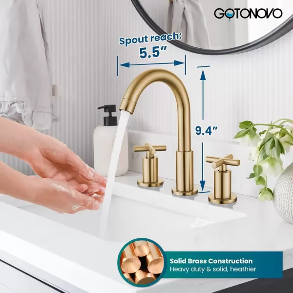 imagegotonovo 8 inch Widespread Bathroom Sink Faucet 3 Hole Bathroom Faucet 2 Cross Handle Vanity Faucet for Bathroom Sink Deck Mount Basin with Pop Up Drain 360 Swivel Spout Brushed GoldBrushed Gold