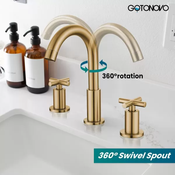 imagegotonovo 8 inch Widespread Bathroom Sink Faucet 3 Hole Bathroom Faucet 2 Cross Handle Vanity Faucet for Bathroom Sink Deck Mount Basin with Pop Up Drain 360 Swivel Spout Brushed GoldBrushed Gold