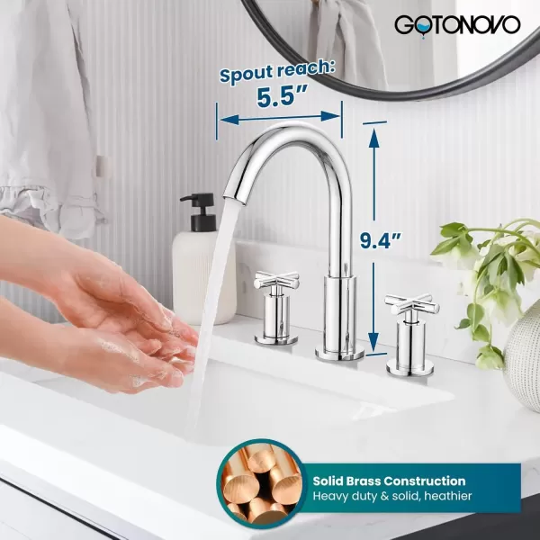 imagegotonovo 8 inch Widespread Bathroom Sink Faucet 3 Hole Bathroom Faucet 2 Cross Handle Vanity Faucet for Bathroom Sink Deck Mount Basin with Pop Up Drain 360 Swivel Spout Brushed GoldPolished Chrome