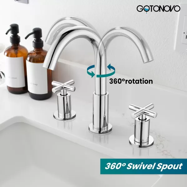 imagegotonovo 8 inch Widespread Bathroom Sink Faucet 3 Hole Bathroom Faucet 2 Cross Handle Vanity Faucet for Bathroom Sink Deck Mount Basin with Pop Up Drain 360 Swivel Spout Brushed GoldPolished Chrome