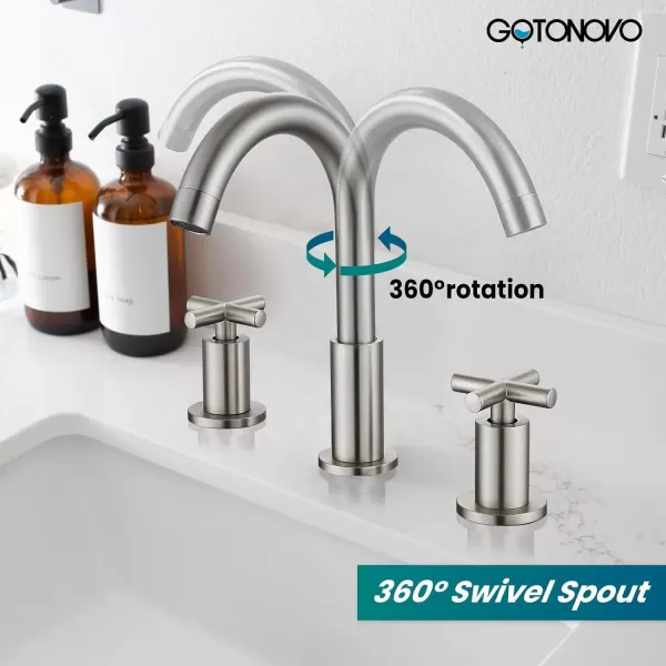 imagegotonovo 8 inch Widespread Bathroom Sink Faucet 3 Hole Bathroom Faucet 2 Cross Handle Vanity Faucet for Bathroom Sink Deck Mount Basin with Pop Up Drain 360 Swivel Spout Brushed GoldBrushed Nickel