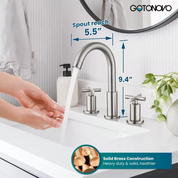 imagegotonovo 8 inch Widespread Bathroom Sink Faucet 3 Hole Bathroom Faucet 2 Cross Handle Vanity Faucet for Bathroom Sink Deck Mount Basin with Pop Up Drain 360 Swivel Spout Brushed GoldBrushed Nickel