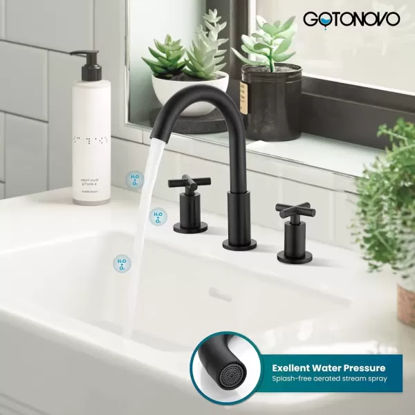 imagegotonovo 8 inch Widespread Bathroom Sink Faucet 3 Hole Bathroom Faucet 2 Cross Handle Vanity Faucet for Bathroom Sink Deck Mount Basin with Pop Up Drain 360 Swivel Spout Brushed GoldMatte Black