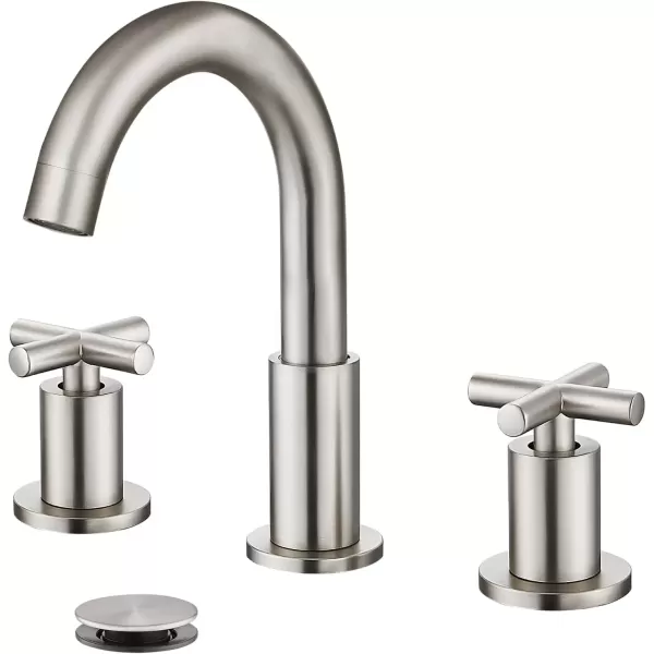 imagegotonovo 8 inch Widespread Bathroom Sink Faucet 3 Hole Bathroom Faucet 2 Cross Handle Vanity Faucet for Bathroom Sink Deck Mount Basin with Pop Up Drain 360 Swivel Spout Brushed GoldBrushed Nickel