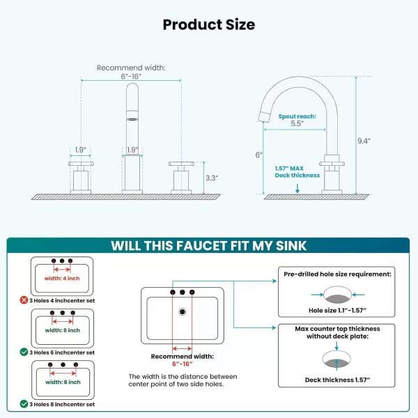 imagegotonovo 8 inch Widespread Bathroom Sink Faucet 3 Hole Bathroom Faucet 2 Cross Handle Vanity Faucet for Bathroom Sink Deck Mount Basin with Pop Up Drain 360 Swivel Spout Brushed GoldMatte Black