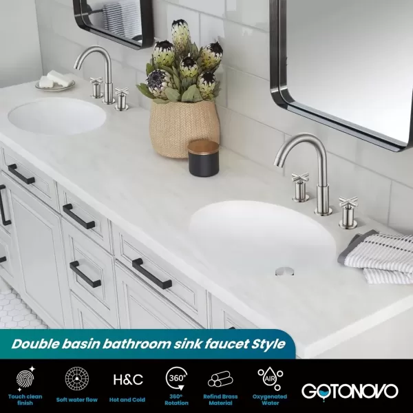 imagegotonovo 8 inch Widespread Bathroom Sink Faucet 3 Hole Bathroom Faucet 2 Cross Handle Vanity Faucet for Bathroom Sink Deck Mount Basin with Pop Up Drain 360 Swivel Spout Brushed GoldBrushed Nickel