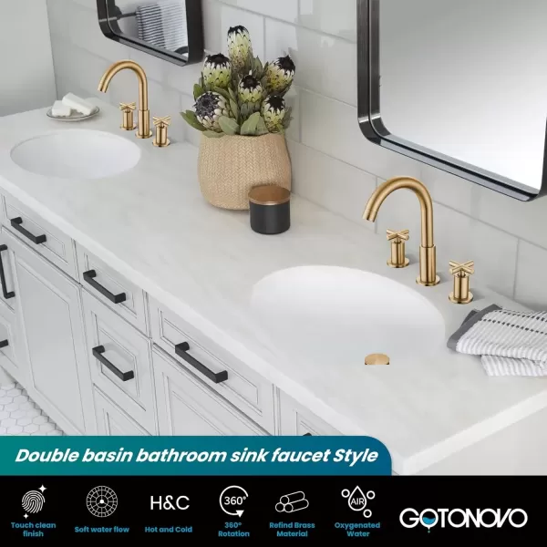 imagegotonovo 8 inch Widespread Bathroom Sink Faucet 3 Hole Bathroom Faucet 2 Cross Handle Vanity Faucet for Bathroom Sink Deck Mount Basin with Pop Up Drain 360 Swivel Spout Brushed GoldBrushed Gold