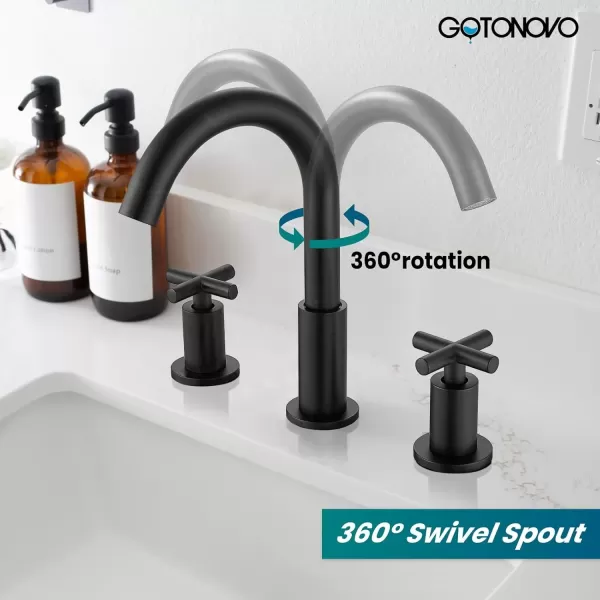imagegotonovo 8 inch Widespread Bathroom Sink Faucet 3 Hole Bathroom Faucet 2 Cross Handle Vanity Faucet for Bathroom Sink Deck Mount Basin with Pop Up Drain 360 Swivel Spout Brushed GoldMatte Black