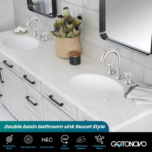 imagegotonovo 8 inch Widespread Bathroom Sink Faucet 3 Hole Bathroom Faucet 2 Cross Handle Vanity Faucet for Bathroom Sink Deck Mount Basin with Pop Up Drain 360 Swivel Spout Brushed GoldPolished Chrome