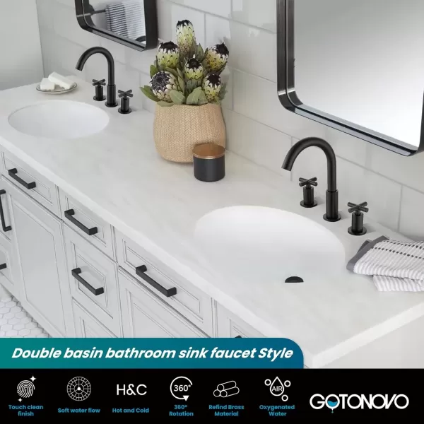 imagegotonovo 8 inch Widespread Bathroom Sink Faucet 3 Hole Bathroom Faucet 2 Cross Handle Vanity Faucet for Bathroom Sink Deck Mount Basin with Pop Up Drain 360 Swivel Spout Brushed GoldMatte Black