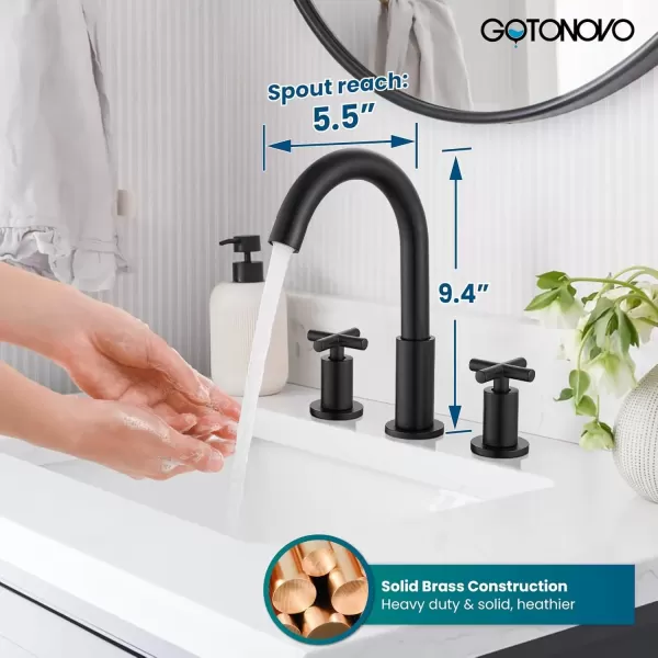imagegotonovo 8 inch Widespread Bathroom Sink Faucet 3 Hole Bathroom Faucet 2 Cross Handle Vanity Faucet for Bathroom Sink Deck Mount Basin with Pop Up Drain 360 Swivel Spout Brushed GoldMatte Black