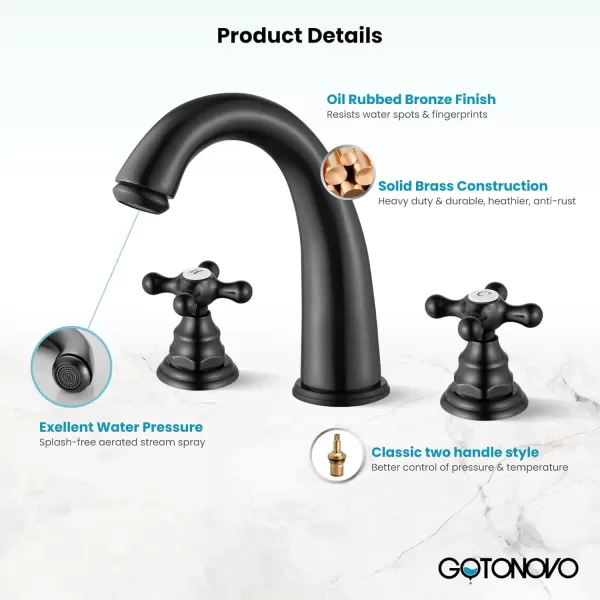 imagegotonovo 8 inch Widespread Bathroom Sink Faucet 3 Hole Bathroom Faucets for Sink 2 Cross Handles Bathroom Sink Fixtures Deck Mount with Pop Up Drain Water Lines HOT and Cold Label Matte BlackOil Rubbed Bronze