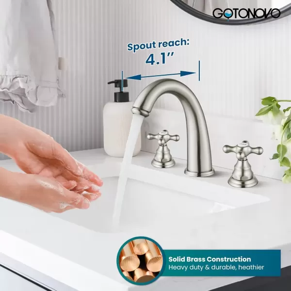 imagegotonovo 8 inch Widespread Bathroom Sink Faucet 3 Hole Bathroom Faucets for Sink 2 Cross Handles Bathroom Sink Fixtures Deck Mount with Pop Up Drain Water Lines HOT and Cold Label Matte BlackBrushed Nickel