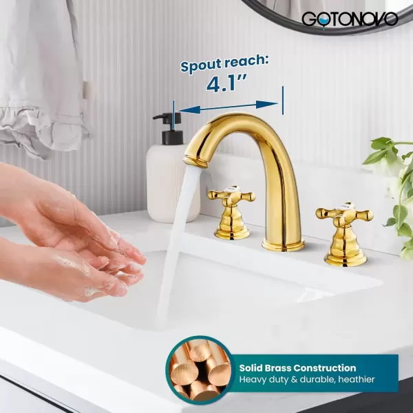 imagegotonovo 8 inch Widespread Bathroom Sink Faucet 3 Hole Bathroom Faucets for Sink 2 Cross Handles Bathroom Sink Fixtures Deck Mount with Pop Up Drain Water Lines HOT and Cold Label Matte BlackPolished Gold