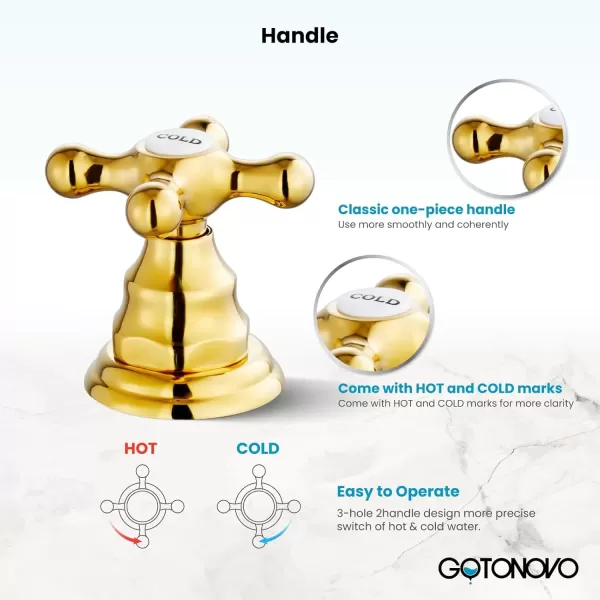 imagegotonovo 8 inch Widespread Bathroom Sink Faucet 3 Hole Bathroom Faucets for Sink 2 Cross Handles Bathroom Sink Fixtures Deck Mount with Pop Up Drain Water Lines HOT and Cold Label Matte BlackPolished Gold
