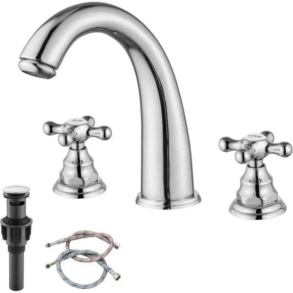 imagegotonovo 8 inch Widespread Bathroom Sink Faucet 3 Hole Bathroom Faucets for Sink 2 Cross Handles Bathroom Sink Fixtures Deck Mount with Pop Up Drain Water Lines HOT and Cold Label Matte BlackPolished Chrome