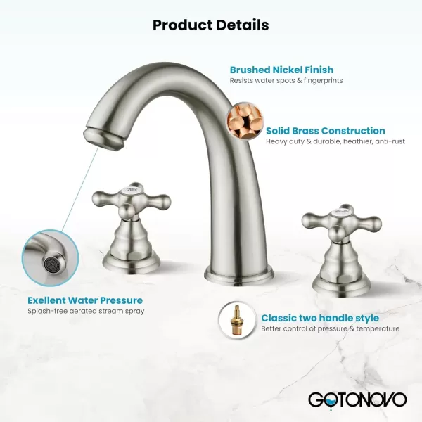 imagegotonovo 8 inch Widespread Bathroom Sink Faucet 3 Hole Bathroom Faucets for Sink 2 Cross Handles Bathroom Sink Fixtures Deck Mount with Pop Up Drain Water Lines HOT and Cold Label Matte BlackBrushed Nickel