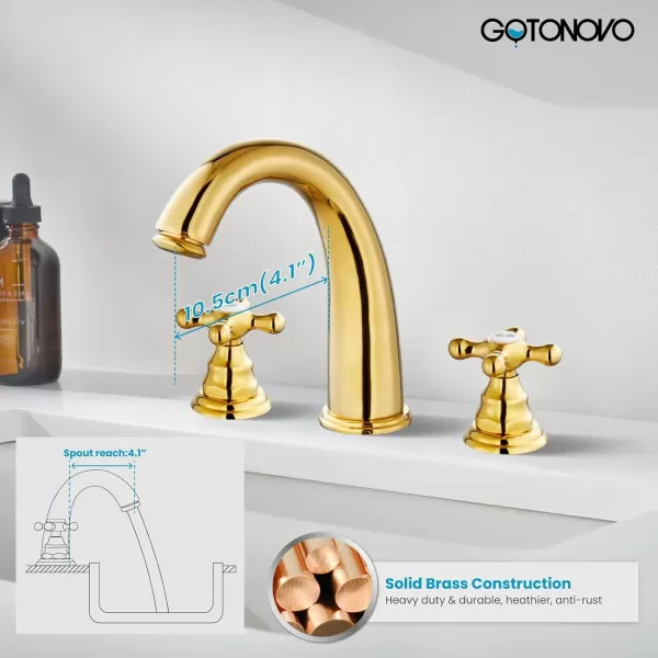 imagegotonovo 8 inch Widespread Bathroom Sink Faucet 3 Hole Bathroom Faucets for Sink 2 Cross Handles Bathroom Sink Fixtures Deck Mount with Pop Up Drain Water Lines HOT and Cold Label Matte BlackPolished Gold