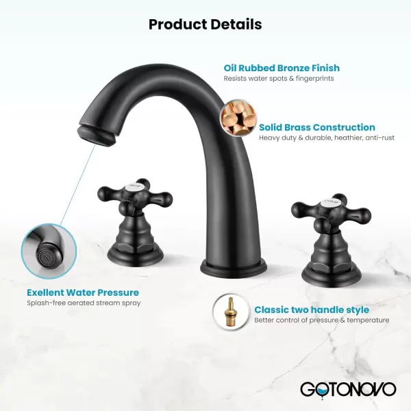 imagegotonovo 8 inch Widespread Bathroom Sink Faucet 3 Hole Bathroom Faucets for Sink 2 Cross Handles Bathroom Sink Fixtures Deck Mount with Pop Up Drain Water Lines HOT and Cold Label Matte BlackOil Rubbed Bronze