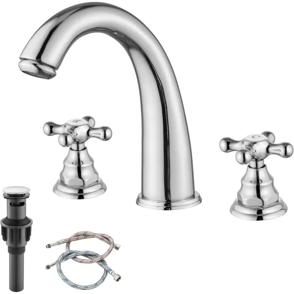 imagegotonovo 8 inch Widespread Bathroom Sink Faucet 3 Hole Bathroom Faucets for Sink 2 Cross Handles Bathroom Sink Fixtures Deck Mount with Pop Up Drain Water Lines HOT and Cold Label Matte BlackPolished Chrome
