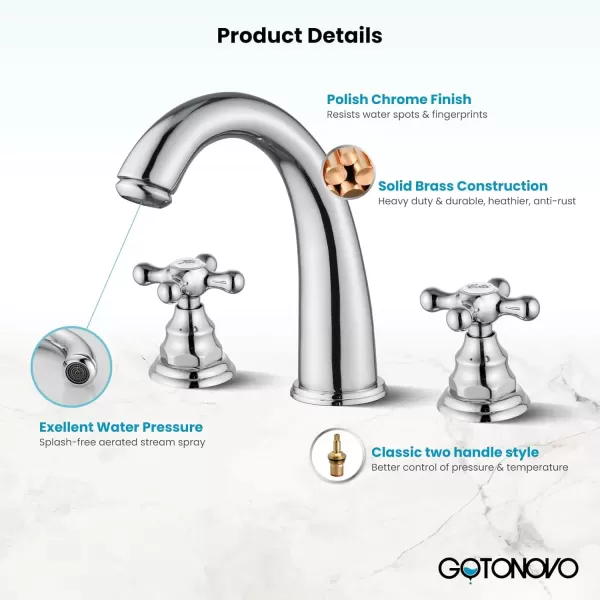 imagegotonovo 8 inch Widespread Bathroom Sink Faucet 3 Hole Bathroom Faucets for Sink 2 Cross Handles Bathroom Sink Fixtures Deck Mount with Pop Up Drain Water Lines HOT and Cold Label Matte BlackPolished Chrome