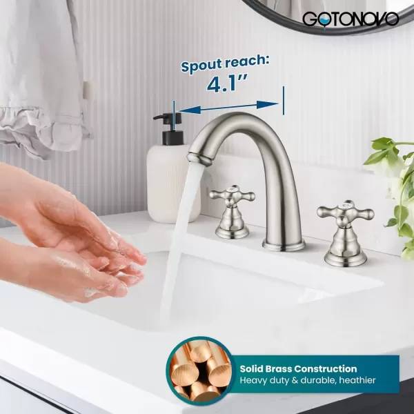 imagegotonovo 8 inch Widespread Bathroom Sink Faucet 3 Hole Bathroom Faucets for Sink 2 Cross Handles Bathroom Sink Fixtures Deck Mount with Pop Up Drain Water Lines HOT and Cold Label Matte BlackBrushed Nickel