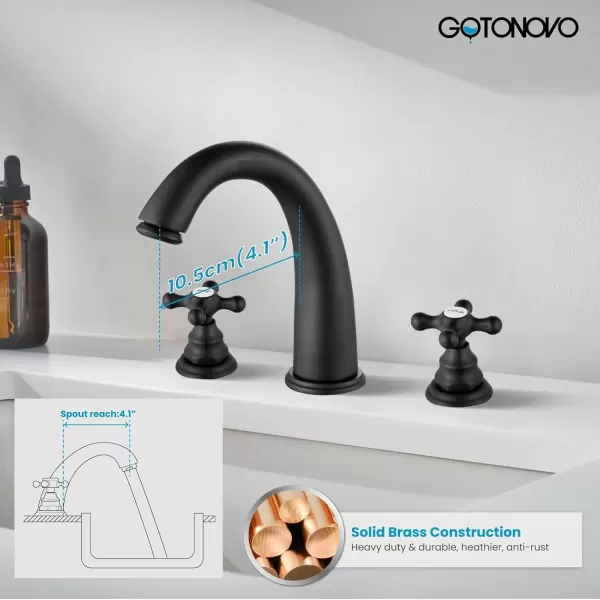 imagegotonovo 8 inch Widespread Bathroom Sink Faucet 3 Hole Bathroom Faucets for Sink 2 Cross Handles Bathroom Sink Fixtures Deck Mount with Pop Up Drain Water Lines HOT and Cold Label Matte BlackMatte Black