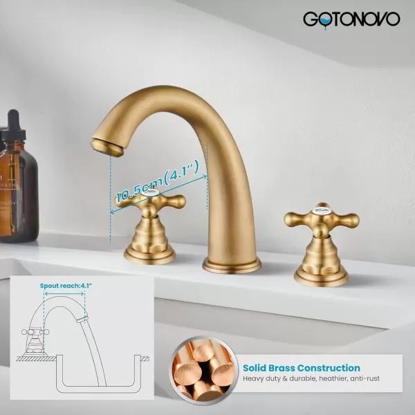imagegotonovo 8 inch Widespread Bathroom Sink Faucet 3 Hole Bathroom Faucets for Sink 2 Cross Handles Bathroom Sink Fixtures Deck Mount with Pop Up Drain Water Lines HOT and Cold Label Matte BlackAntique Brass