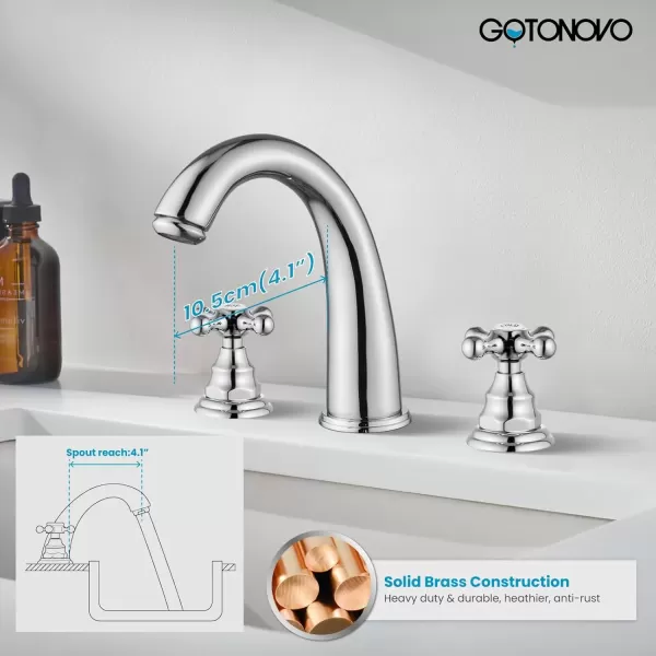 imagegotonovo 8 inch Widespread Bathroom Sink Faucet 3 Hole Bathroom Faucets for Sink 2 Cross Handles Bathroom Sink Fixtures Deck Mount with Pop Up Drain Water Lines HOT and Cold Label Matte BlackPolished Chrome