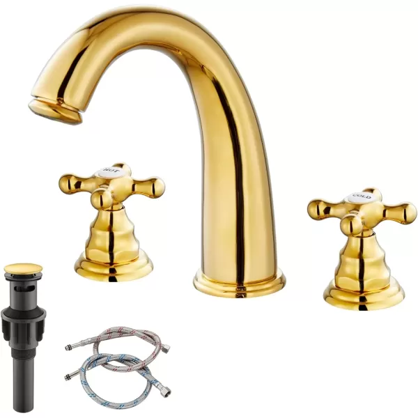 imagegotonovo 8 inch Widespread Bathroom Sink Faucet 3 Hole Bathroom Faucets for Sink 2 Cross Handles Bathroom Sink Fixtures Deck Mount with Pop Up Drain Water Lines HOT and Cold Label Matte BlackPolished Gold
