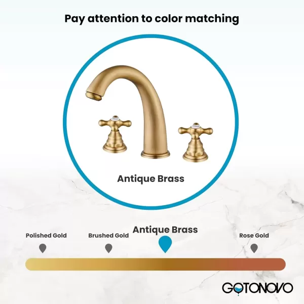 imagegotonovo 8 inch Widespread Bathroom Sink Faucet 3 Hole Bathroom Faucets for Sink 2 Cross Handles Bathroom Sink Fixtures Deck Mount with Pop Up Drain Water Lines HOT and Cold Label Matte BlackAntique Brass