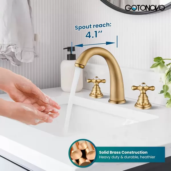 imagegotonovo 8 inch Widespread Bathroom Sink Faucet 3 Hole Bathroom Faucets for Sink 2 Cross Handles Bathroom Sink Fixtures Deck Mount with Pop Up Drain Water Lines HOT and Cold Label Matte BlackAntique Brass