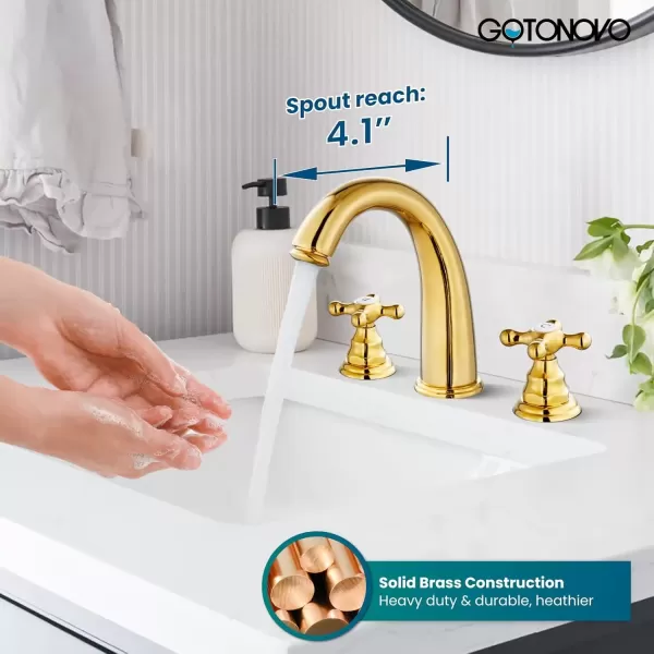 imagegotonovo 8 inch Widespread Bathroom Sink Faucet 3 Hole Bathroom Faucets for Sink 2 Cross Handles Bathroom Sink Fixtures Deck Mount with Pop Up Drain Water Lines HOT and Cold Label Matte BlackPolished Gold