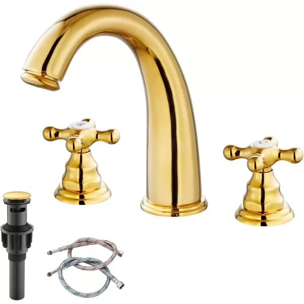 imagegotonovo 8 inch Widespread Bathroom Sink Faucet 3 Hole Bathroom Faucets for Sink 2 Cross Handles Bathroom Sink Fixtures Deck Mount with Pop Up Drain Water Lines HOT and Cold Label Matte BlackPolished Gold
