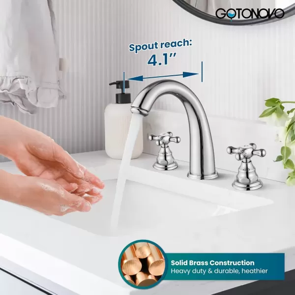 imagegotonovo 8 inch Widespread Bathroom Sink Faucet 3 Hole Bathroom Faucets for Sink 2 Cross Handles Bathroom Sink Fixtures Deck Mount with Pop Up Drain Water Lines HOT and Cold Label Matte BlackPolished Chrome