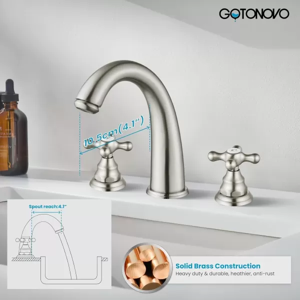 imagegotonovo 8 inch Widespread Bathroom Sink Faucet 3 Hole Bathroom Faucets for Sink 2 Cross Handles Bathroom Sink Fixtures Deck Mount with Pop Up Drain Water Lines HOT and Cold Label Matte BlackBrushed Nickel