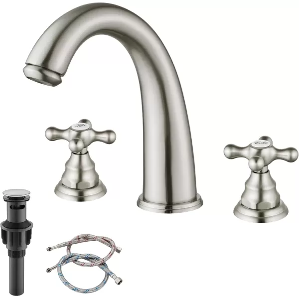 imagegotonovo 8 inch Widespread Bathroom Sink Faucet 3 Hole Bathroom Faucets for Sink 2 Cross Handles Bathroom Sink Fixtures Deck Mount with Pop Up Drain Water Lines HOT and Cold Label Matte BlackBrushed Nickel