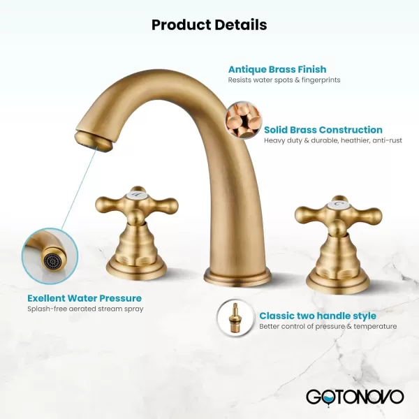 imagegotonovo 8 inch Widespread Bathroom Sink Faucet 3 Hole Bathroom Faucets for Sink 2 Cross Handles Bathroom Sink Fixtures Deck Mount with Pop Up Drain Water Lines HOT and Cold Label Matte BlackAntique Brass