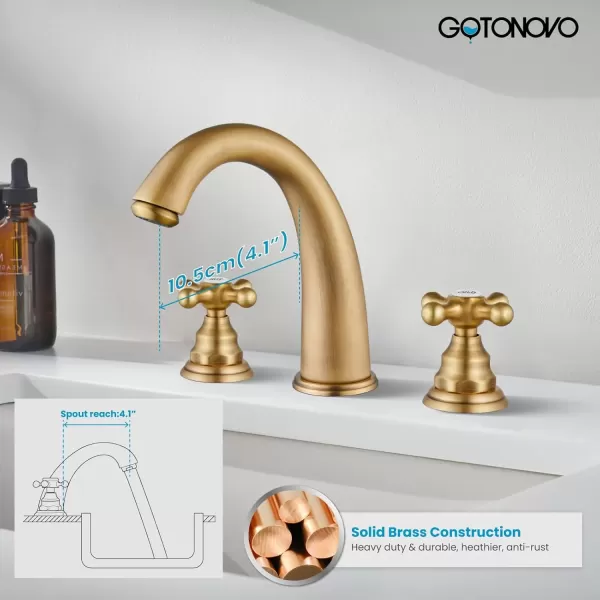 imagegotonovo 8 inch Widespread Bathroom Sink Faucet 3 Hole Bathroom Faucets for Sink 2 Cross Handles Bathroom Sink Fixtures Deck Mount with Pop Up Drain Water Lines HOT and Cold Label Matte BlackAntique Brass