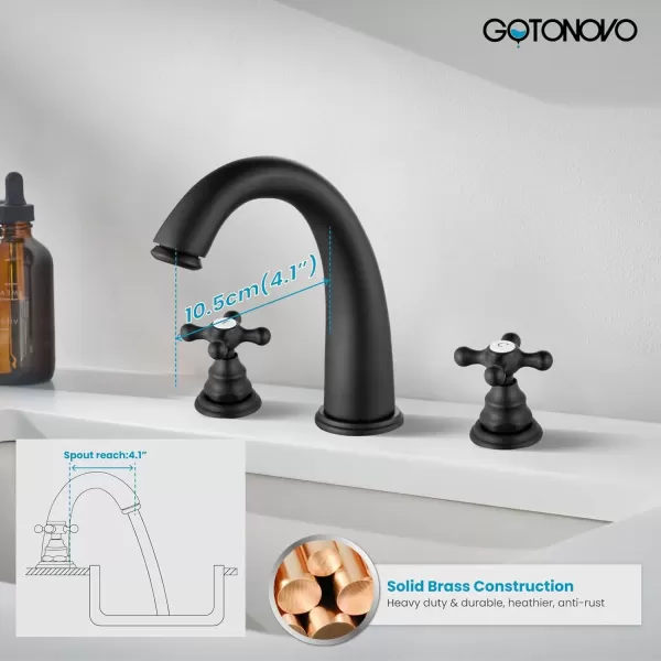 imagegotonovo 8 inch Widespread Bathroom Sink Faucet 3 Hole Bathroom Faucets for Sink 2 Cross Handles Bathroom Sink Fixtures Deck Mount with Pop Up Drain Water Lines HOT and Cold Label Matte BlackMatte Black
