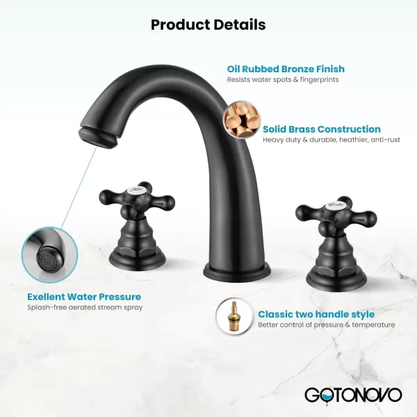 imagegotonovo 8 inch Widespread Bathroom Sink Faucet 3 Hole Bathroom Faucets for Sink 2 Cross Handles Bathroom Sink Fixtures Deck Mount with Pop Up Drain Water Lines HOT and Cold Label Matte BlackOil Rubbed Bronze