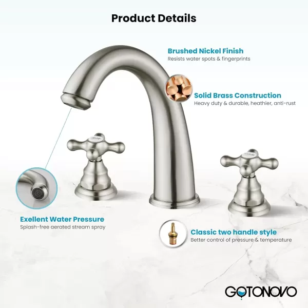 imagegotonovo 8 inch Widespread Bathroom Sink Faucet 3 Hole Bathroom Faucets for Sink 2 Cross Handles Bathroom Sink Fixtures Deck Mount with Pop Up Drain Water Lines HOT and Cold Label Matte BlackBrushed Nickel
