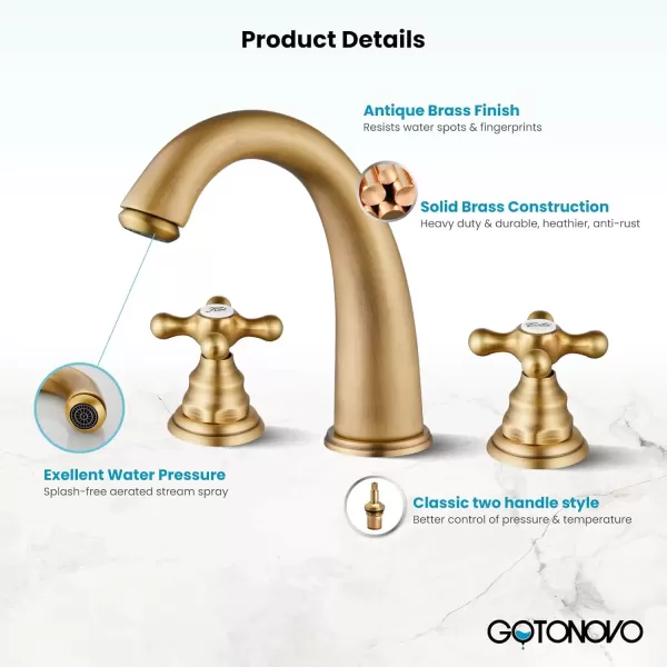 imagegotonovo 8 inch Widespread Bathroom Sink Faucet 3 Hole Bathroom Faucets for Sink 2 Cross Handles Bathroom Sink Fixtures Deck Mount with Pop Up Drain Water Lines HOT and Cold Label Matte BlackAntique Brass