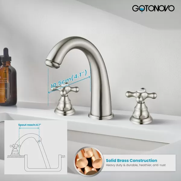 imagegotonovo 8 inch Widespread Bathroom Sink Faucet 3 Hole Bathroom Faucets for Sink 2 Cross Handles Bathroom Sink Fixtures Deck Mount with Pop Up Drain Water Lines HOT and Cold Label Matte BlackBrushed Nickel