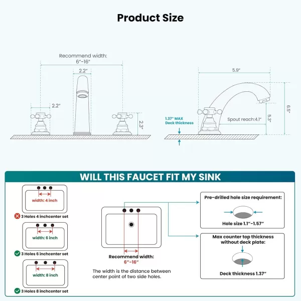 imagegotonovo 8 inch Widespread Bathroom Sink Faucet 3 Hole Bathroom Faucets for Sink 2 Cross Handles Bathroom Sink Fixtures Deck Mount with Pop Up Drain Water Lines HOT and Cold Label Matte BlackMatte Black
