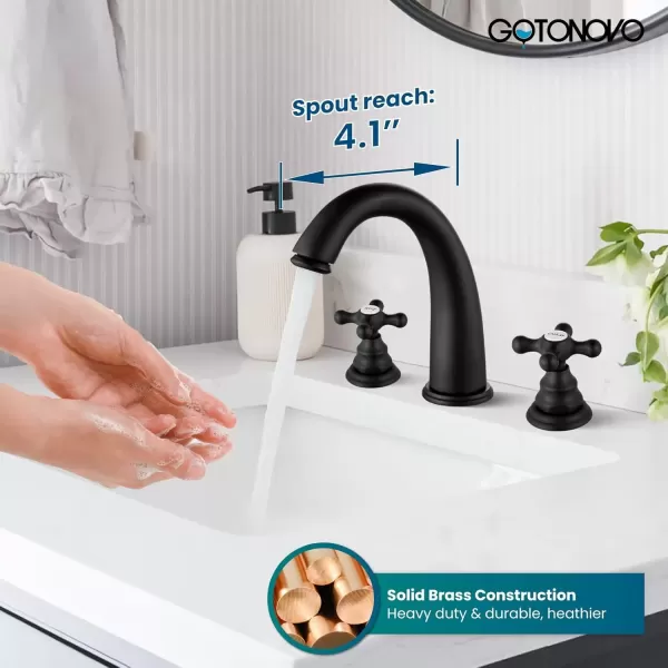 imagegotonovo 8 inch Widespread Bathroom Sink Faucet 3 Hole Bathroom Faucets for Sink 2 Cross Handles Bathroom Sink Fixtures Deck Mount with Pop Up Drain Water Lines HOT and Cold Label Matte BlackMatte Black