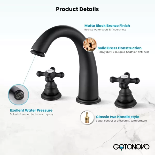 imagegotonovo 8 inch Widespread Bathroom Sink Faucet 3 Hole Bathroom Faucets for Sink 2 Cross Handles Bathroom Sink Fixtures Deck Mount with Pop Up Drain Water Lines HOT and Cold Label Matte BlackMatte Black