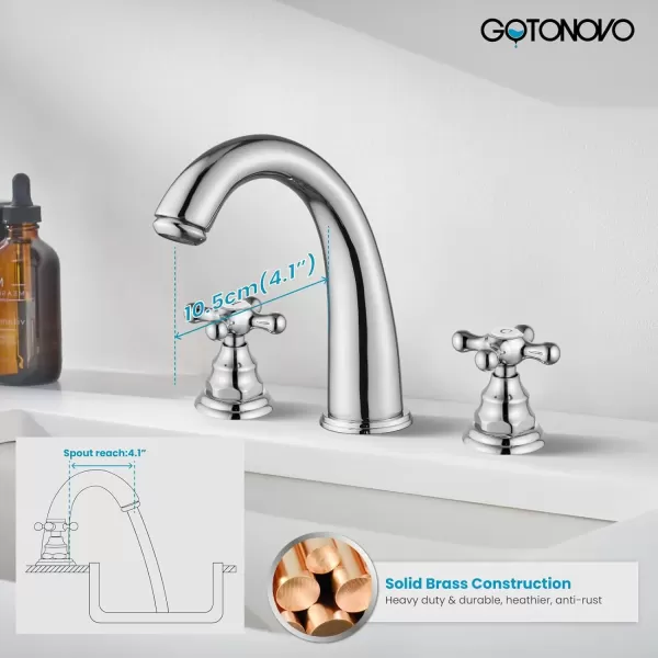 imagegotonovo 8 inch Widespread Bathroom Sink Faucet 3 Hole Bathroom Faucets for Sink 2 Cross Handles Bathroom Sink Fixtures Deck Mount with Pop Up Drain Water Lines HOT and Cold Label Matte BlackPolished Chrome