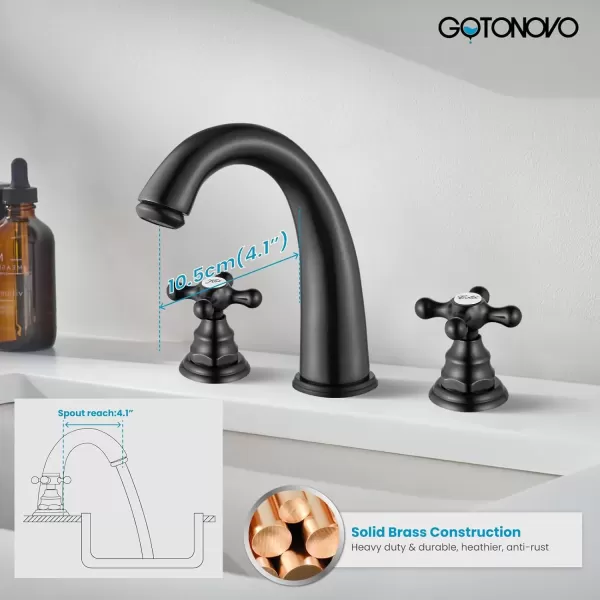 imagegotonovo 8 inch Widespread Bathroom Sink Faucet 3 Hole Bathroom Faucets for Sink 2 Cross Handles Bathroom Sink Fixtures Deck Mount with Pop Up Drain Water Lines HOT and Cold Label Matte BlackOil Rubbed Bronze